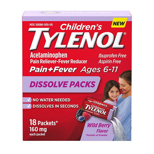 Childrens Tylenol Acetaminophen Dissolve Packets, Wild Berry, 18 Ea